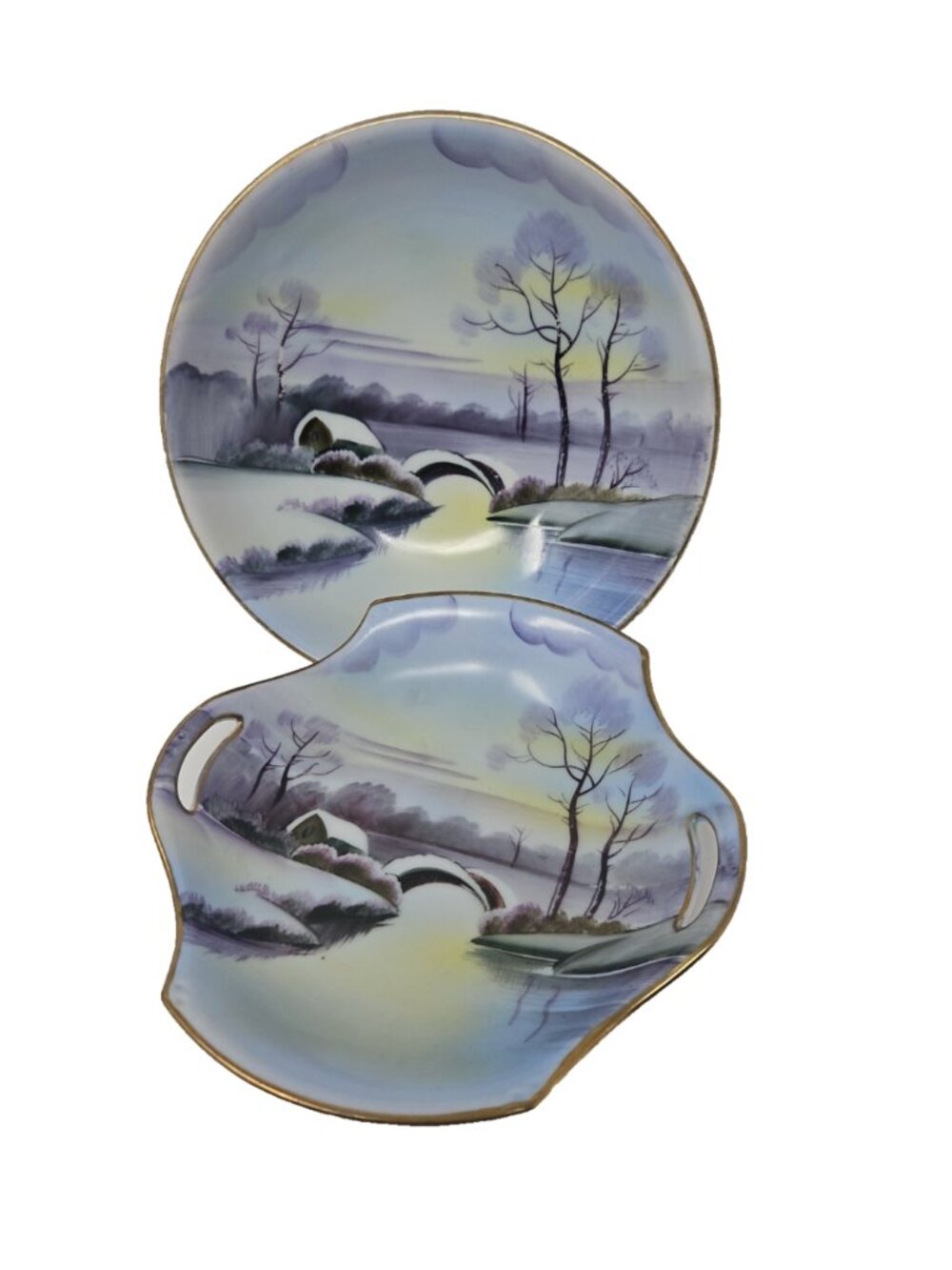 2 Antique Hand Painted Porcelain Winter Cabin On Lake Meito Japan Dish & Bowl